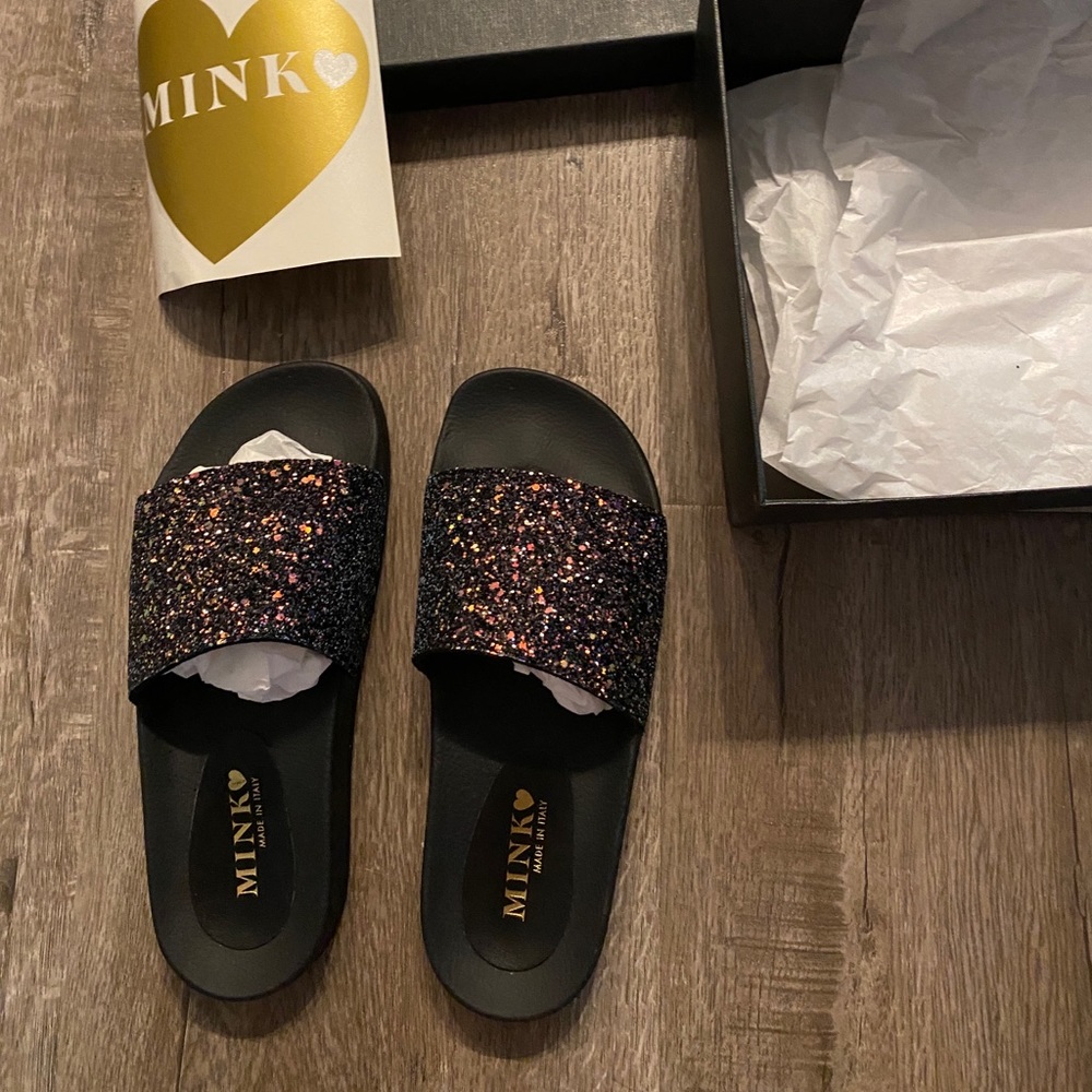 Mink vegan “hippopotamus” sandals w glitter